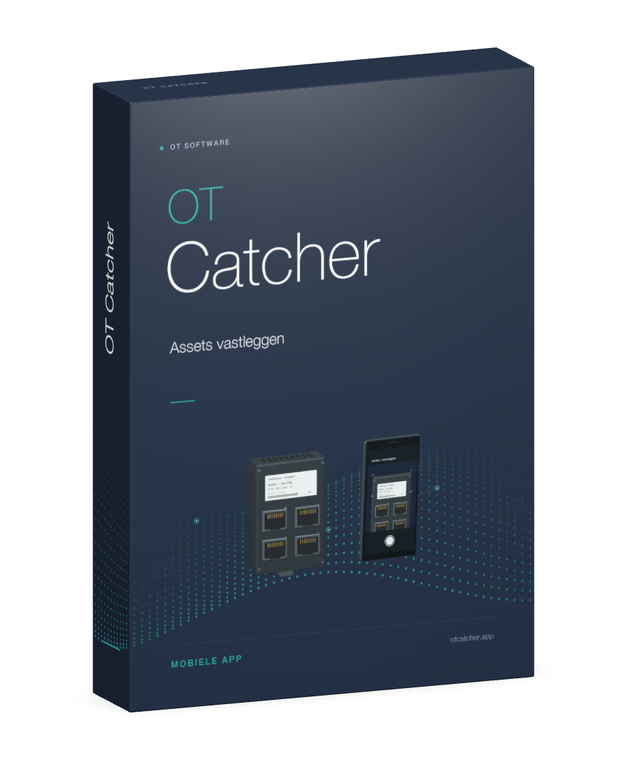 Donkerblauwe OT Catcher-softwareverpakking met teal accenten: assets vastleggen.